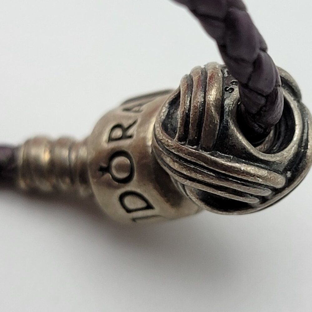Pandora Brown Woven Leather Bracelet 6" With 3 Sterling Silver Charms All Marked - Picture 6 of 9